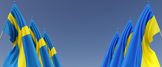 Bandiere dell'Ucraina e della Svezia sui pennoni sui lati Bandiere su sfondo blu Posto per il testo Ucraina indipendente Tre bandiere della Svezia Europa Illustrazione 3D