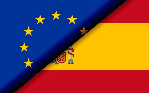 Bandiere dell'UE e della Spagna divise in diagonale