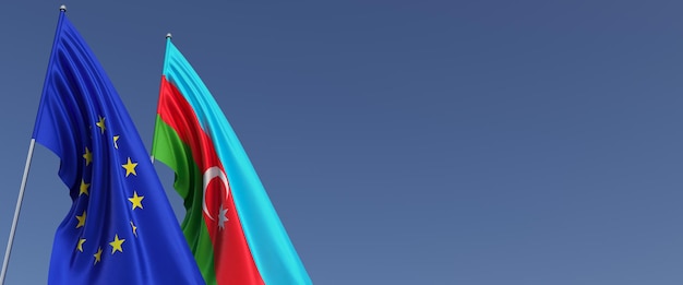 Bandiere dell'Unione Europea e dell'Azerbaigian sui pennoni sui lati Bandiere su sfondo blu Posto per testo UE Baku 3d illustrazione