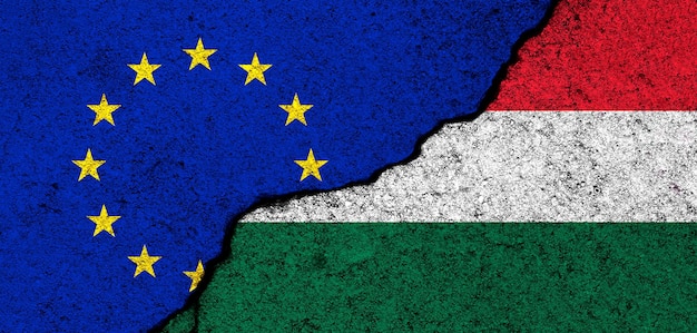 Bandiere dell'Unione europea e dell'Ungheria Relazioni partenariato e diplomazia Concetto di conflitto e libertà Foto del banner dell'alleanza dell'UE