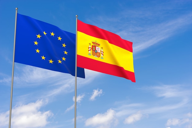 Bandiere dell'Unione europea e della Spagna sopra il fondo del cielo blu. illustrazione 3D