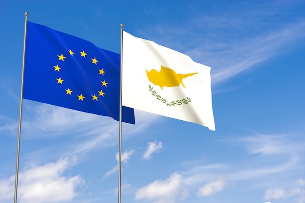 Bandiere dell'Unione europea e di Cipro su sfondo blu cielo. illustrazione 3D
