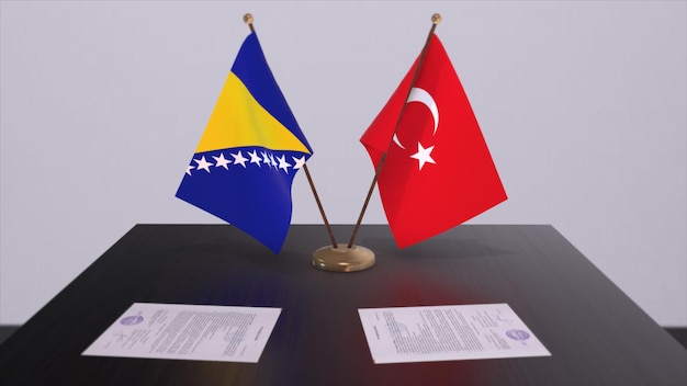 Bandiere della Bosnia-Erzegovina e della Turchia alla riunione politica Illustrazione 3D dell'affare commerciale
