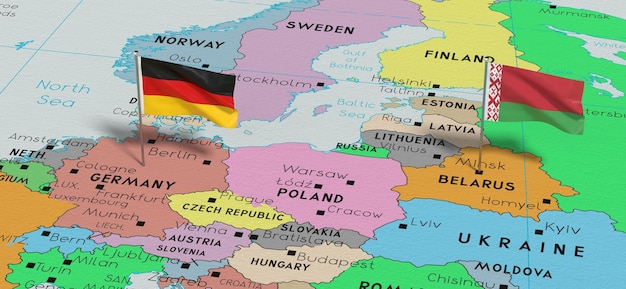 Bandiere della Germania e della Bielorussia sull'illustrazione 3D della mappa politica
