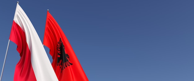 Bandiere della Polonia e dell'Albania sul pennone sul lato Bandiere su sfondo blu Posto per testo Polacco Varsavia Tirana Albanese Illustrazione 3D
