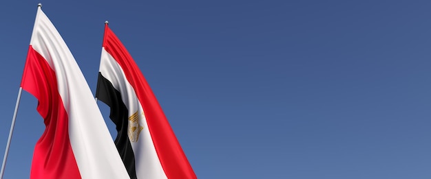 Bandiere della Polonia e dell'Egitto sull'asta della bandiera sul lato Bandiere su sfondo blu Posto per il testo Polacco Varsavia Egiziano Il Cairo 3D illustrazione