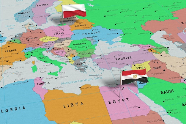 Bandiere della Polonia e dell'Egitto sull'illustrazione 3D della mappa politica