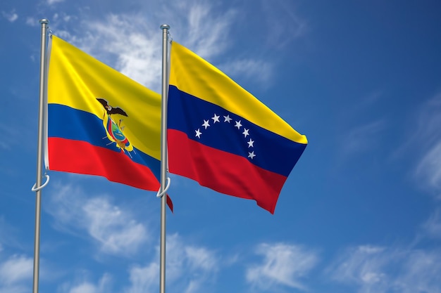 Bandiere della Repubblica dell'Ecuador e della Repubblica Bolivariana del Venezuela sopra l'illustrazione 3D dello sfondo del cielo blu