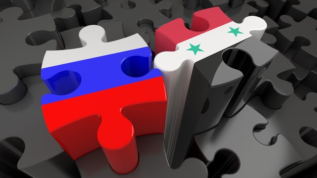 Bandiere della Russia e della Siria sui pezzi del puzzle. Concetto di relazione politica. Rendering 3D