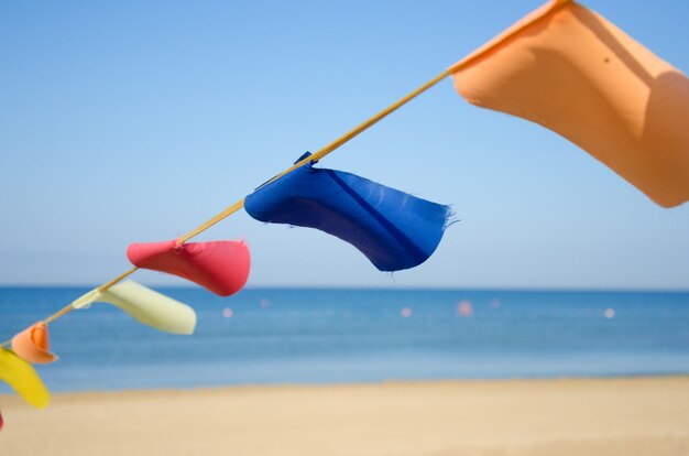 Bandiere della stamina di colore sulla spiaggia sabbiosa in riva al mare in una giornata di sole.