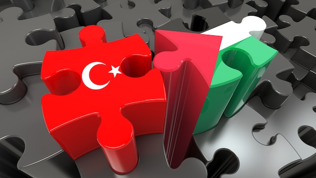 Bandiere della Turchia e della Palestina sui pezzi del puzzle. Concetto di relazione politica. Rendering 3D