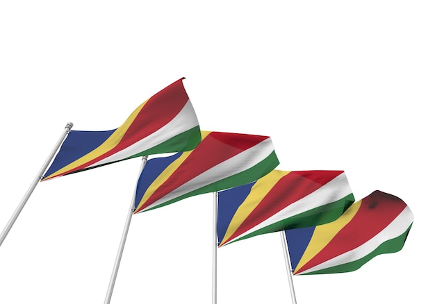 Bandiere delle Seychelles in fila con uno sfondo bianco Rendering 3D