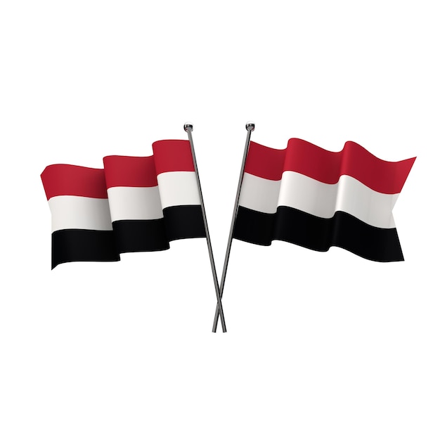 Bandiere dello Yemen incrociate isolate su sfondo bianco Rendering 3D