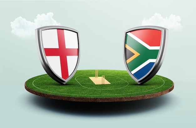 Bandiere di cricket Inghilterra vs Sud Africa con illustrazione 3d dello stadio di celebrazione dello scudo