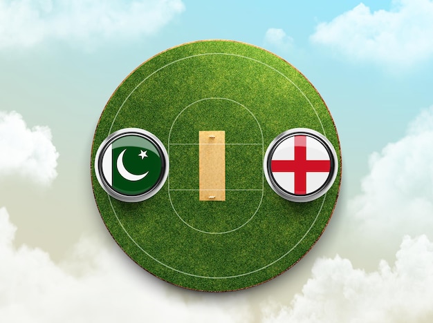 Bandiere di cricket Pakistan vs Inghilterra con scudo sull'illustrazione 3d dello stadio di cricket