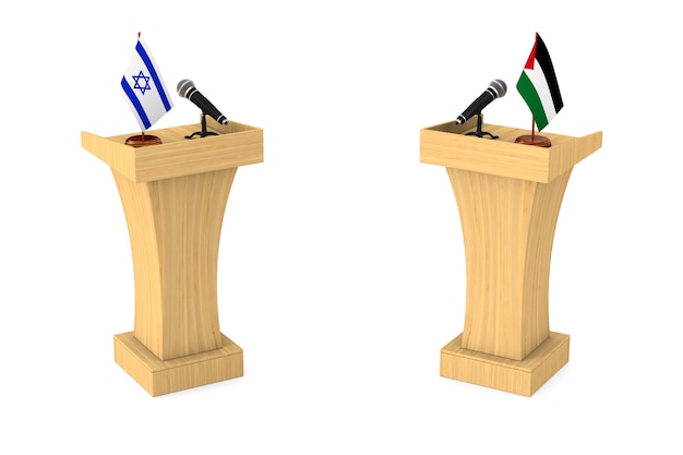Bandiere di Israele e Palestina sulle tribune con microfoni