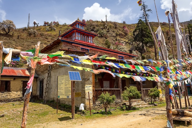 Bandiere di preghiera, pannelli solari e casa lungo un sentiero di montagna a Langtang, Nepal. Himalaya