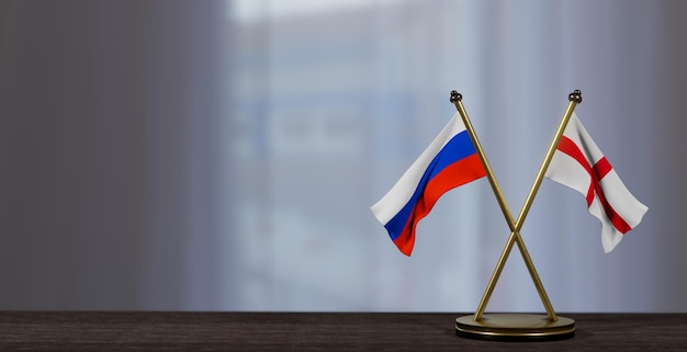 Bandiere di Russia e Inghilterra sul tavolo Negoziazione tra Inghilterra e Russia su sfondo poco sfocato Lavoro 3D e immagine 3D