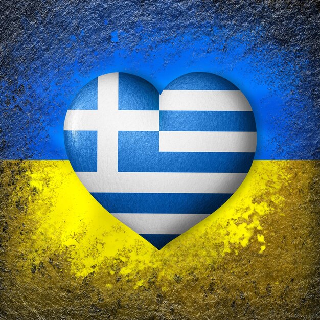 Bandiere di Ucraina e Grecia Bandiera cuore sullo sfondo della bandiera ucraina
