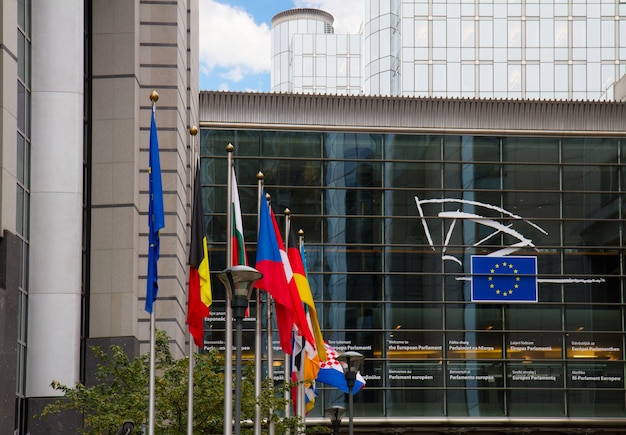 Bandiere europee davanti al parlamento europeo a Bruxelles, Belgio