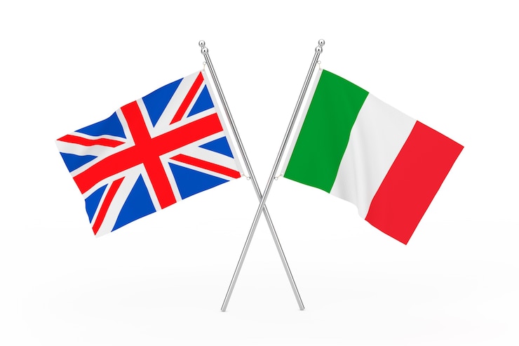 Foto bandiere incrociate del regno unito e dell'italia su sfondo bianco. rendering 3d