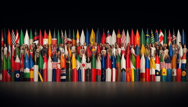 bandiere internazionali di immigrazione da ogni paese con immigrati che tengono bandiere
