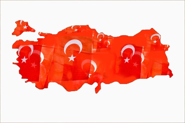 Bandiere nazionali turche riempite nella mappa della Turchia su bianco