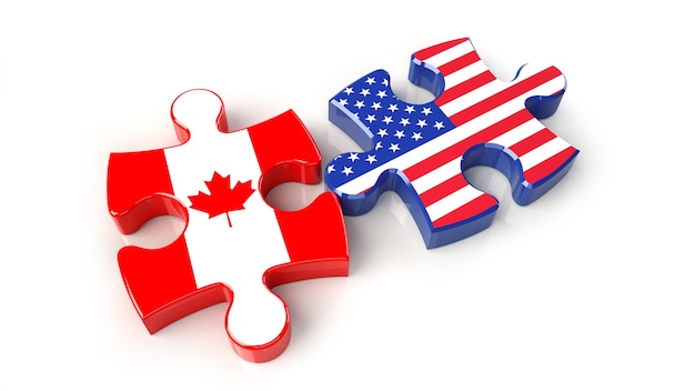 Bandiere USA e Canada sui pezzi del puzzle. Concetto di relazione politica. Rendering 3D