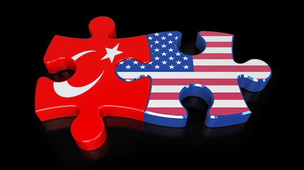 Bandiere USA e Turchia sui pezzi del puzzle. Concetto di relazione politica. Rendering 3D