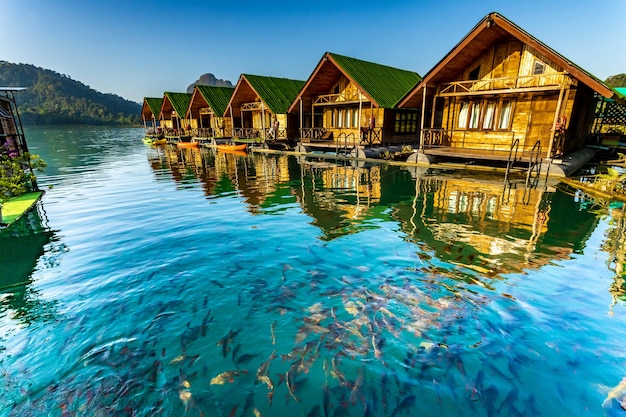 Bangalow galleggianti attendere che i turisti arrivino alla diga di Cheow Lan o Ratchaprapa nella provincia di Surat Thani Thailandia