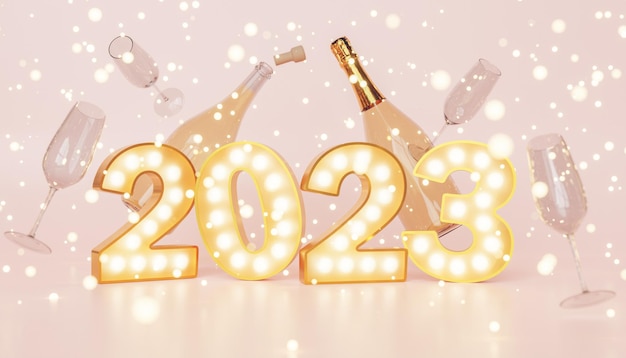 Banner 2023 con bottiglia di champagne e bicchieri