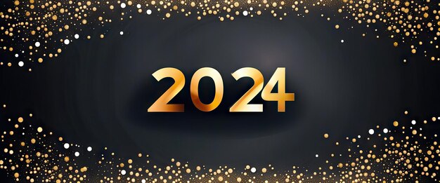 Banner 2024 Capodanno Fuochi d'artificio dorati astratti e numeri sfumati dorati su sfondo scuro Illustrazione Generativa