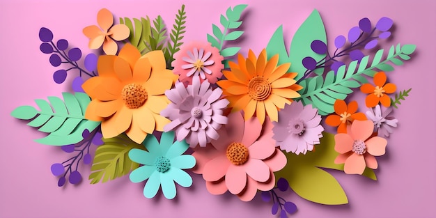 Banner 3D con fiori illustrazione disposizione botanica festivo bouquet floreale carta tagliata arte brillante colori caramella Happy mothers valentines day holiday concept Ai generato