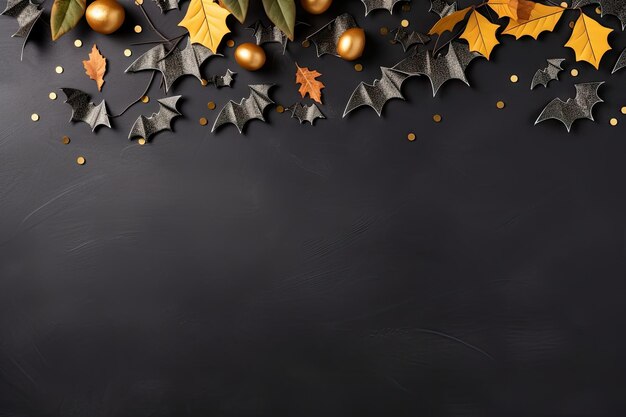 Banner a tema Halloween con pipistrelli foglie dorate ragnatele lettere in legno e spazio per la copia
