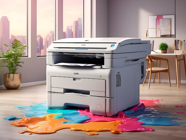 Banner ampio con area di copia per ufficio o fotocopiatrice o stampante professionale con schizzi di colore