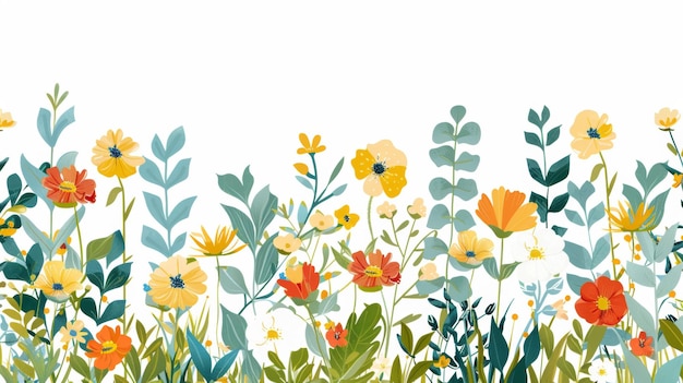 Banner bianco o sfondo con fiori e foglie multicolori in fiore e confine piatto botanico primaverile illustrazione moderna su sfondo bianco