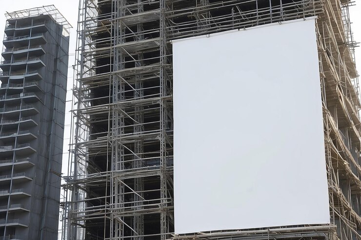 Banner bianco vuoto con impalcatura HighRise sullo sfondo