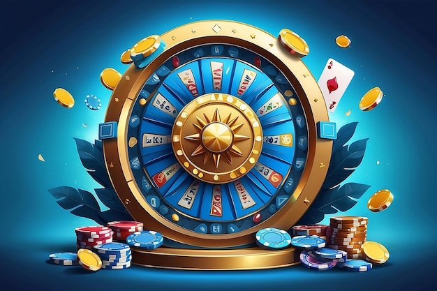 Banner blu del casino online con podio digitale 3D in forme cilindriche slot machine