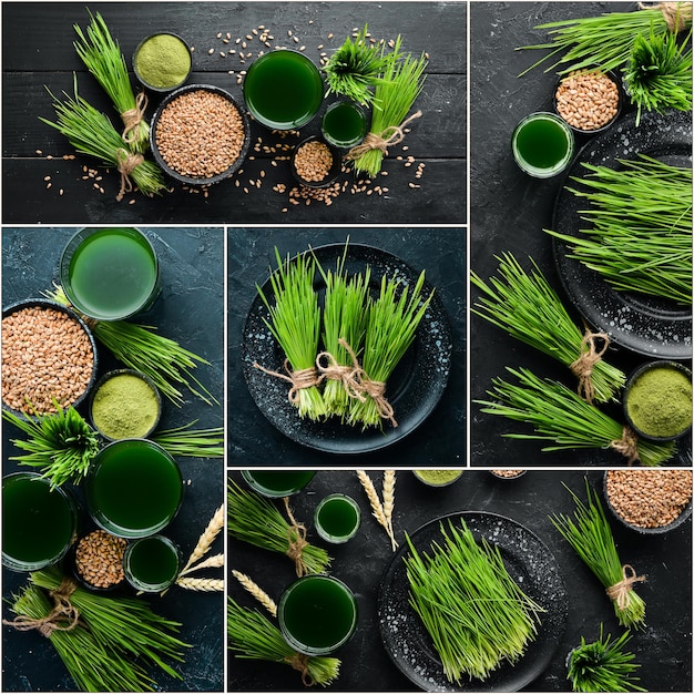 Banner collage di foto Il succo del grano germogliato verde e dei chicchi di grano Su sfondo nero Micro Green Cibo sano Vista dall'alto Spazio libero per il testo