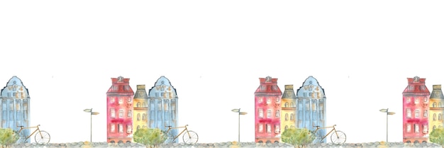 Banner con bici e case stampa senza cuciture con bici case albero strada disegnata a mano con acquerelli