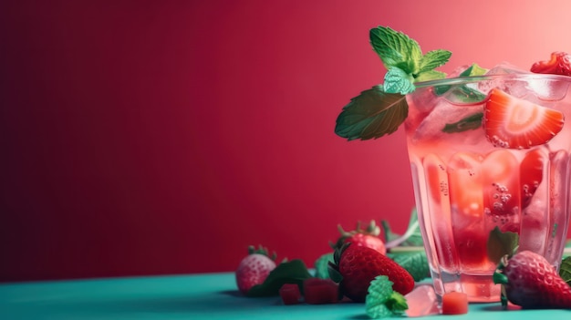 Banner con cocktail fresco con ghiaccio tritato fragola e menta su sfondo rosa