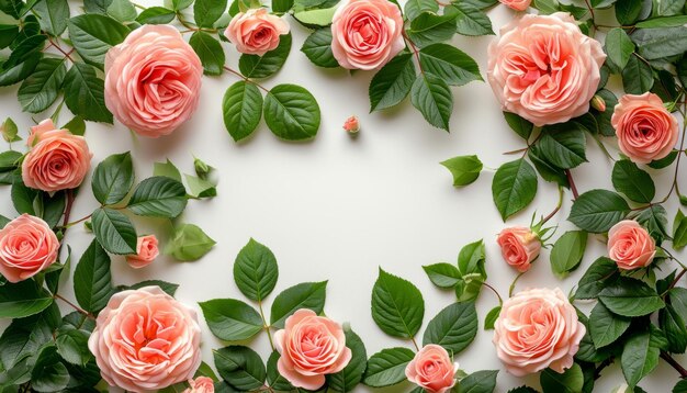 Banner con cornice fatta di fiori di rosa e foglie verdi su uno sfondo bianco Composizione primaverile