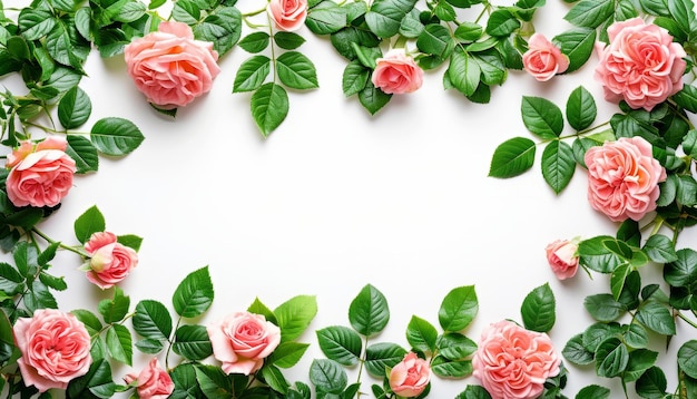 Banner con cornice fatta di fiori di rosa e foglie verdi su uno sfondo bianco Composizione primaverile