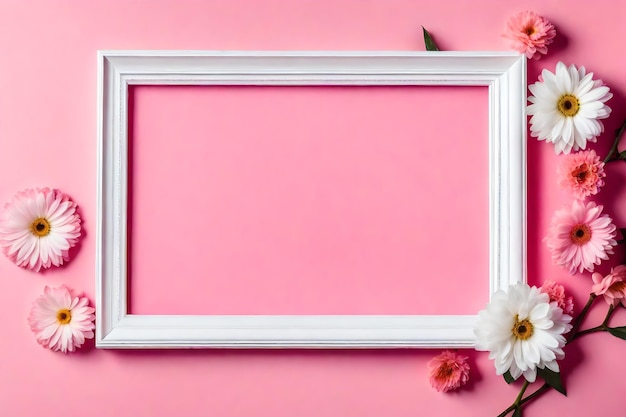 Banner con fiore e cornice bianca vuota su sfondo rosa con spazio per la copia