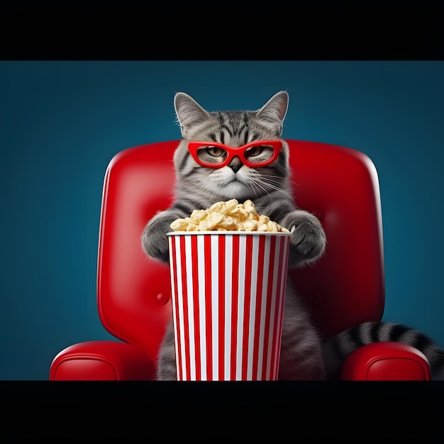 Banner con gatto che guarda film in 3D con popcorn seduto in poltrona rossa