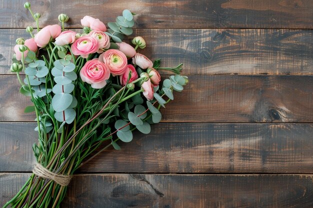 Banner con rami di ranuncolo e eucalipto rosa su uno sfondo di legno scuro.