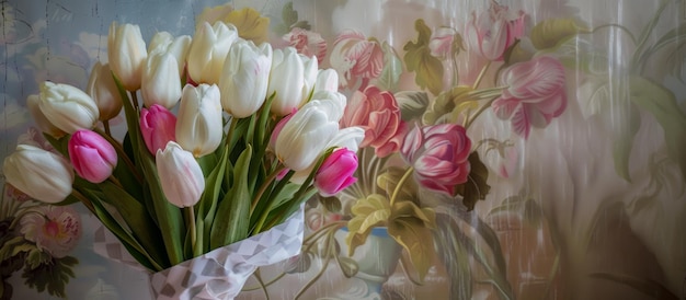 Banner con tulipani per la Festa della Madre bellissimi fiori su uno sfondo in stile art nouveau