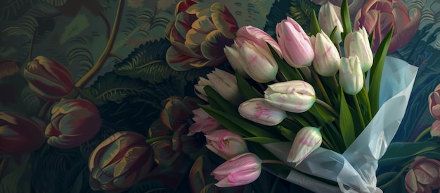 Banner con un bouquet di tulipani bianchi in stile art nouveau un regalo per la Giornata delle Madri o il design del sito web