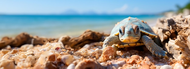 Banner con una tartaruga marina nata su una spiaggia rocciosa di un mare caldo con spazio libero per la pubblicità