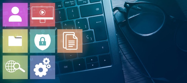 Banner concept of data management system concept. DMS. Documentation database and digital storage